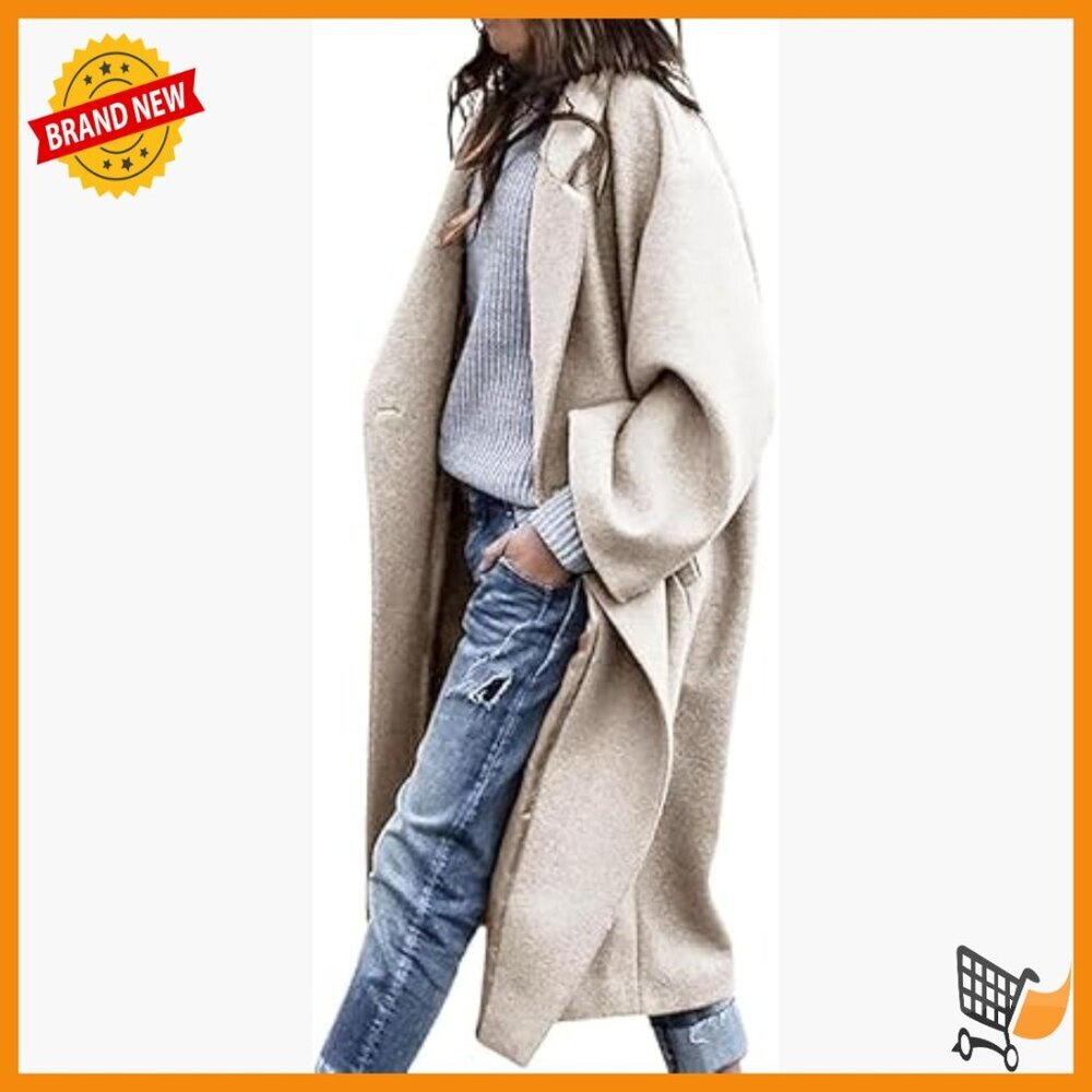 Women's Oversized Wool Blend Pea Coat Notch Lapel Long Overcoat
